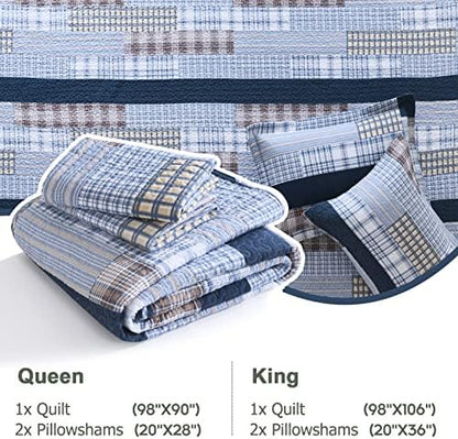 Finlonte Quilt King Size 100% Cotton King Size Quilts Blue Beige White Bedspreads Plaid Quilts Lightweight Soft Breathable Bedding Sets for All Season, 3 Piece