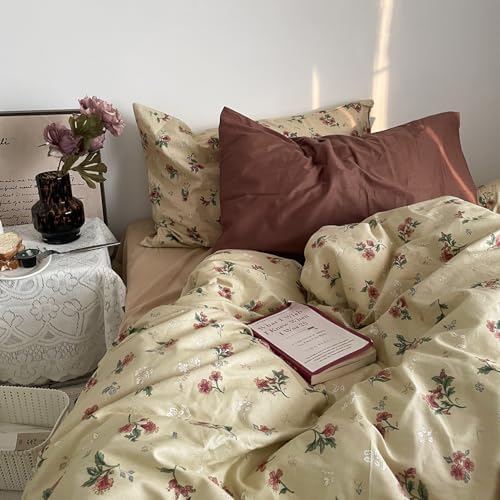 mixinni Vintage Floral Duvet Cover Full Size - 3 Piece 100% Cotton Cottagecore Red Flowers & Green Leaves Bedding, Soft Botanical Comforter Cover & Pillowcases, Aesthetic Spring Bed Set for Girls