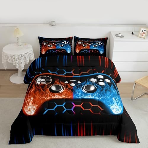 Honeycomb Gamer Kids Comforter Sets Boy Orange Blue Neon Lights Game Console Toddler Bedding Sets for Boys Ombre Art Geometric Hexagon Beehive Quilt Set Gaming Decor for Boys Bedroom Decor