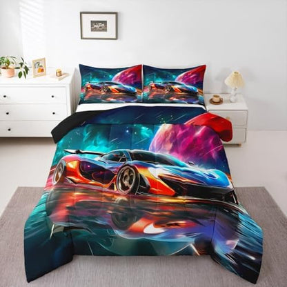 Erosebridal Boys Race Car Comforter King Size for Kids Teens Adults,Extreme Sports Gaming Bedding Set,Cool Speed Car Duvet Insert,Planet Galaxy Quilt Bedroom Decor