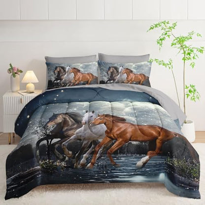 7Pcs Comforter Set 3D Western Horses Printed Bedding Set with 1 Comforter, 1 Flat Sheet, 1 Fitted Sheet and 4 Pillowcases for Boys and Girls Bedroom All Season(Horses Queen)