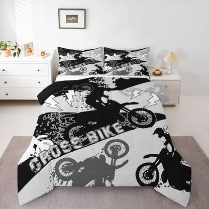 Erosebridal Boys Dirt Bike Comforter Set King Dirtbike Bedding Set Motocross Room Decor for Boys Kids Men Adult,Rider Motorcycle Bed Set Cool Extreme Sports Comforter Sets 3Pcs,White Black