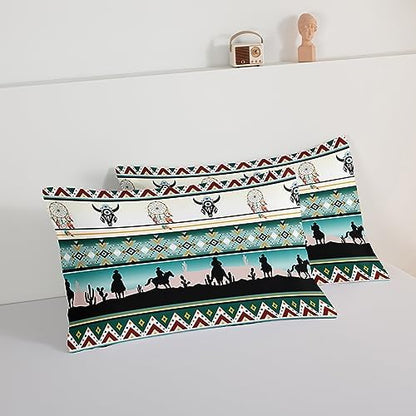 HOSIMA Western Bedding Comforter Sets,Longhorn Skull Dream Catcher Boho Comforter Set King Size for Adults Kids Cowboy Western Decor,Geometric Multicolor Teal Comforter King Size.