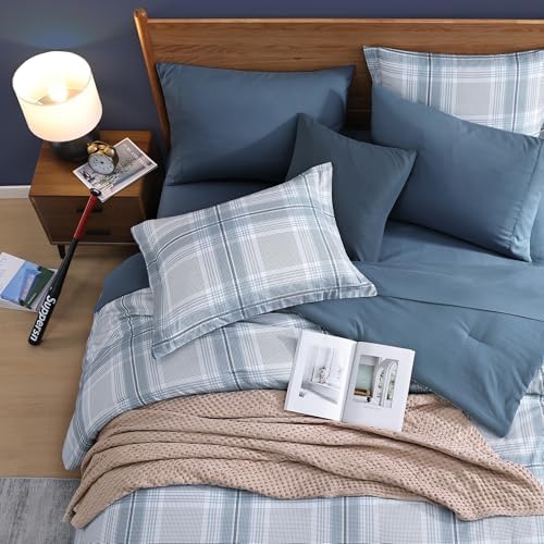 Plaid Full Size Comforter Set Light Blue 7 Pieces Farmhouse Bed in a Bag