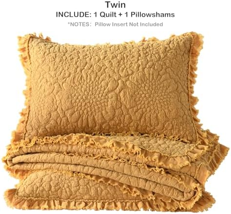 HORIMOTE HOME Yellow Ruffled Quilt Twin Size, Shabby Chic Floral Quilt Set Lightweight Crinkled Farmhouse Rustic Bedding Set, 2 Pieces Reversible Bedspread with 1 Pillow Sham for All Season