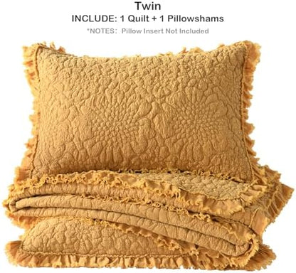 HORIMOTE HOME Yellow Ruffled Quilt Twin Size, Shabby Chic Floral Quilt Set Lightweight Crinkled Farmhouse Rustic Bedding Set, 2 Pieces Reversible Bedspread with 1 Pillow Sham for All Season
