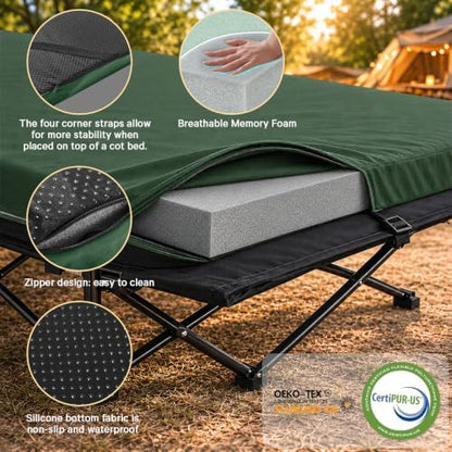 CYMULA Camping Cot Pad 2 Inch Memory Foam, Pad Only,Camping Pad for Folding Cot and Foldable Cot, Portable Roll Up Camp Gear for Car Camping Travel Tent, Non-Slip Waterproof Bottom, Removable Cover
