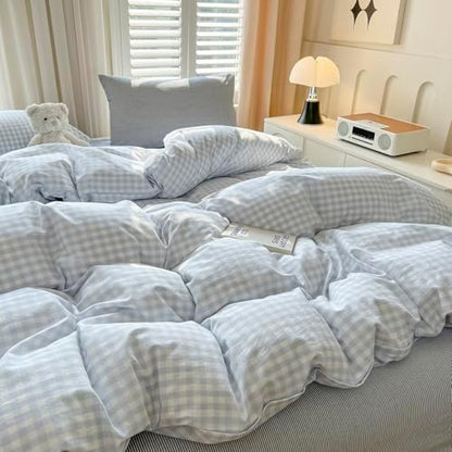 mixinni Gingham Comforter Set California King Size - 3 Piece Light Blue Plaid Farmhouse Bedding, Soft Washed Cotton All-Season Comforter & Pillow Shams, Grid Pattern Classic Style for Women Men