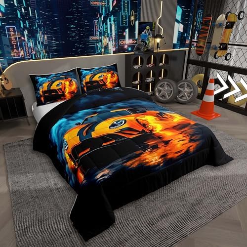 Kids Boys Race Car Comforter Set Twin Size,Orange Sports Car Bedding Sets for Teens Racing Cars Cool Sports Game Duvet Set Modern Race Cars Room Decor for Boys,Luxury Soft All Season,Black Blue
