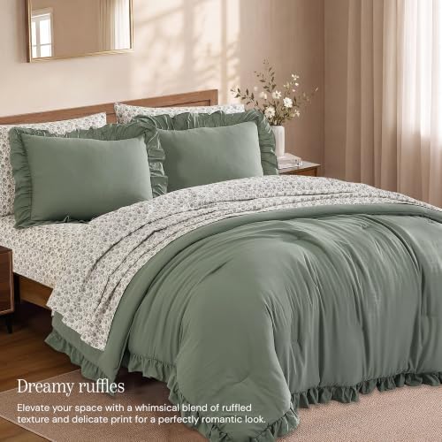 BLOOMHAVEN Queen Comforter Set-7 Pieces Ruffle Bedding with Floral Sheet