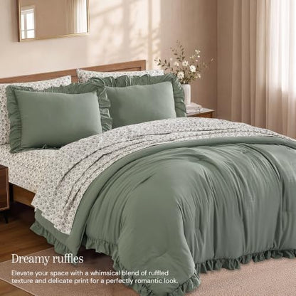 BLOOMHAVEN Queen Comforter Set-7 Pieces Ruffle Bedding with Floral Sheet