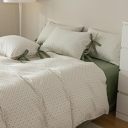 LifeTB Pink Flower Comforter Set Twin XL 3 Pieces Chic Plaid Grid Comforter with 2 Bow Ties Pillowcases Cute Botanical Cottagecore Bedding Set Girls Coquette Bedding Comforter Twin XL Comforter Set