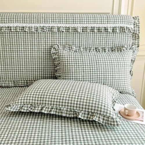 mixinni Vintage Green Gingham Ruffle Comforter Set 3-Piece Washed Cotton Queen Size Grid Bedding Set with Geometric Checkered Pattern, Farmhouse Chic Soft Fluffy Comforter for All-Season