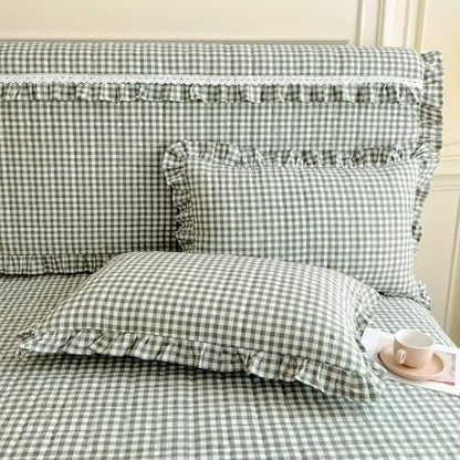 mixinni Vintage Green Gingham Ruffle Comforter Set 3-Piece Washed Cotton Queen Size Grid Bedding Set with Geometric Checkered Pattern, Farmhouse Chic Soft Fluffy Comforter for All-Season