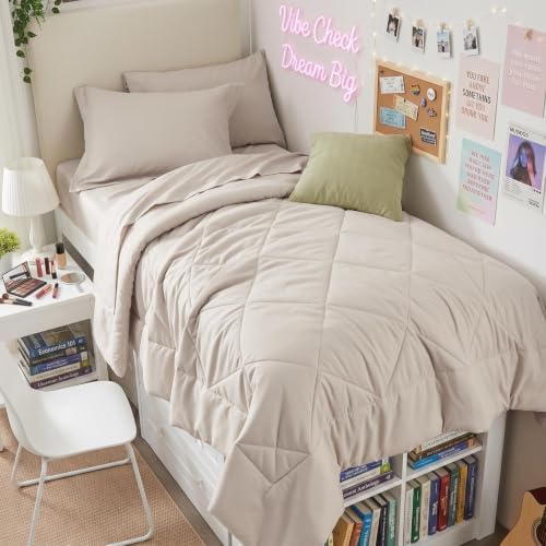 HEVUMYI 5-Piece Twin Comforter Set, Beige Bed in a Bag