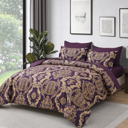 WONGS BEDDING Purple Comforter Set Queen Size,Damask Texture 7 Pieces Bed in a Bag Microfiber Comforter Bedding Sets -1 Comforter, 1 Flat Sheet, 1 Fitted Sheet, 2 Pillow Shams, 2 Pillowcases