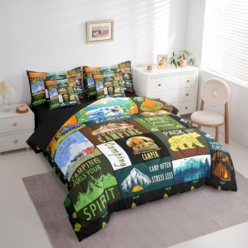 Erosebridal 7 Piece Camping Full Comforter Set for Camper,RV Bunk Bedding Sets with Sheets for Kids Adults,Mountain Forest Bear Bed Set Travel Trailer Decor Patchwork Quilt with Fitted+Flat Sheet