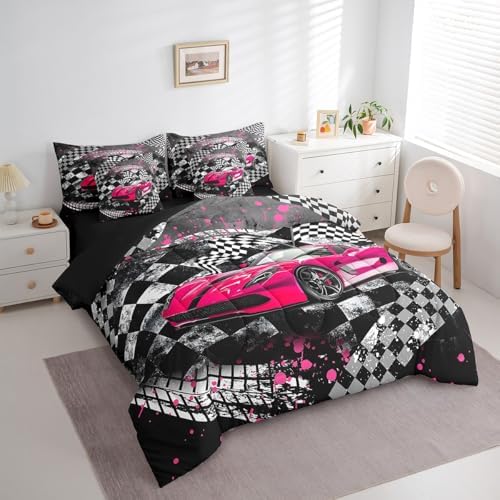 Castle Fairy Racing 7 Pieces Bedding Set King Bed in a Bag,Car Sport Comforter Set with Comforter,Flat,Fitted Sheet,Pillowcases,Pillow Covers,Abstract Geometric Checker Soft Warm Microfiber Bedding