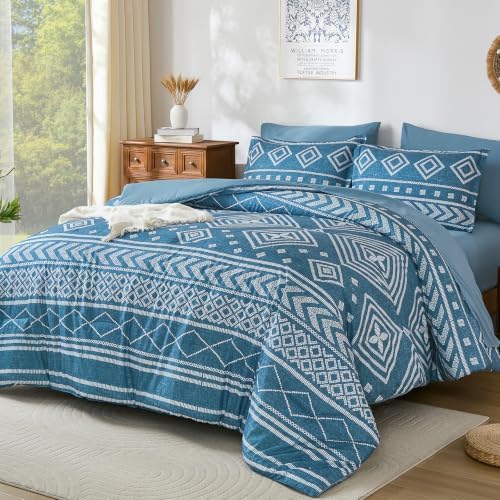 Yiran Boho Comforter Set Queen Size, 7 Pieces Aztec Blue Bed in a Bag