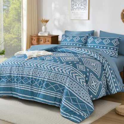 Yiran Boho Comforter Set Queen Size, 7 Pieces Aztec Blue Bed in a Bag
