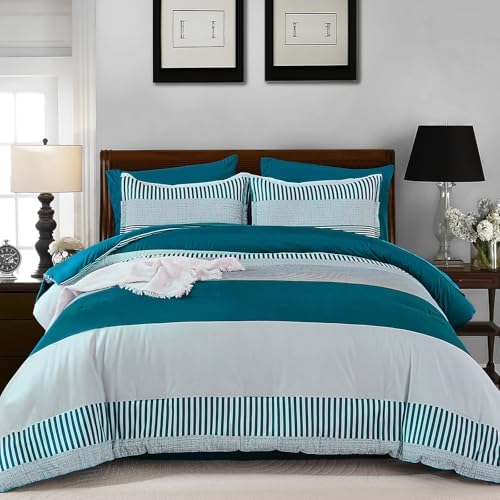 Cottolester Comforter Set Queen Size,Teal Green Striped Comforter for Teen