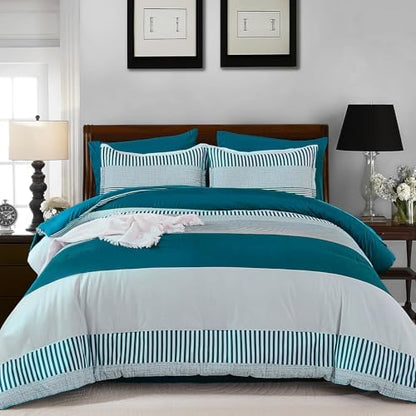 Cottolester Comforter Set Queen Size,Teal Green Striped Comforter for Teen
