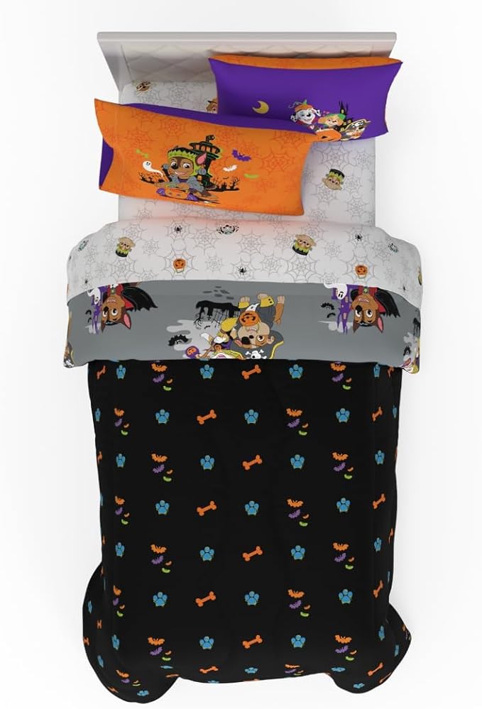 Paw Patrol Kids Halloween Bedding 5 Piece Super Soft Cozy Reversible Comforter and Sheet Set with Sham, Twin, (Officially Licensed Product) by Franco