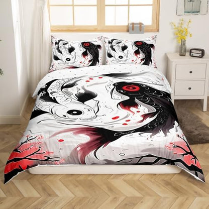 Feelyou Kids Japanese Koi Fish Duvet Cover Twin Size Yin Yang Bedding Set Boys Girls Cherry Blossoms Japanese Ukiyoe Theme Comforter Cover（No Comforter