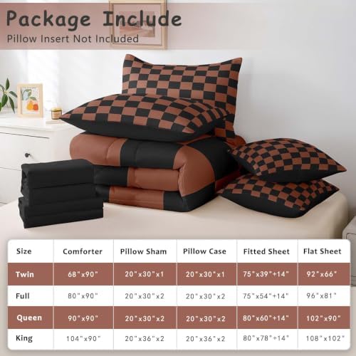 Feelyou Checkered 7 Piece Bedding Set Teen Brown Black Plaid Comforter Set with Sheets Twin Size Kids Boys Cute Retro Neutral Checkerboard Geometric Bed in a Bag Vintage Aesthetic Room Decor