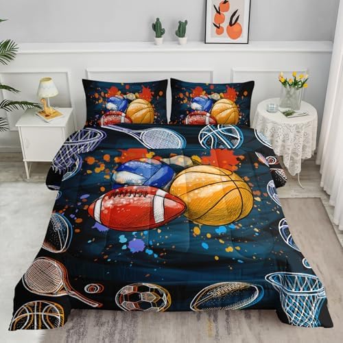 Axolotl Ball Game Bedding Set King Size,3 Piece Basketball Volleyball Comforter Set,Cartoon Soccer Football Sports Bedding,Colorful Ball Sport Bed for Kids Boys Teens,1 Quilt 2 Pillowcases