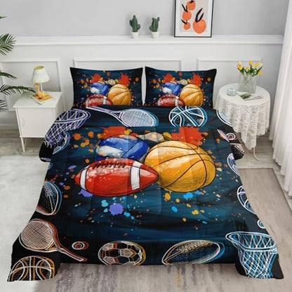 Axolotl Ball Game Bedding Set King Size,3 Piece Basketball Volleyball Comforter Set,Cartoon Soccer Football Sports Bedding,Colorful Ball Sport Bed for Kids Boys Teens,1 Quilt 2 Pillowcases