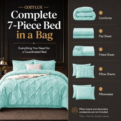 CozyLux King Size Comforter Set Spa Blue, 7 Pieces Pintuck Bed in a Bag