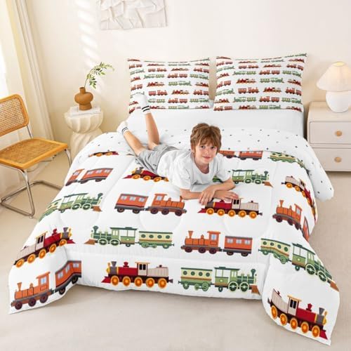 Feelyou Retro Train Comforter Set Queen Size Vintage Steam Locomotive Down Bedding Set for Kids Boys Girls Transportation Vehicles Duvet Quilt Bedroom Decor Microfiber 3 Pcs with 2 Pillow Cases