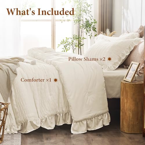 JOLLYVOGUE Oversized Queen Comforter Set, 3 Pieces Ivory Seersucker Comforters, Lightweight & Fluffy Bedding Sets for All Season with 1 Ruffle Comforter and 2 Ruffle Pillowshams