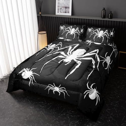 Nttopship Boys Spider Printed Comforter Set Bed in A Bag King Size 3PCS Black Bedding Set Cool White Spider Bedding Set Girls Boys Bedroom Decor with 2 Pillowcases, Lightweight All Season