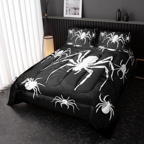 Nttopship Boys Spider Printed Comforter Set Bed in A Bag Twin Size 3PCS Black Bedding Set Cool White Spider Bedding Set Girls Boys Bedroom Decor with 2 Pillowcases, Lightweight All Season