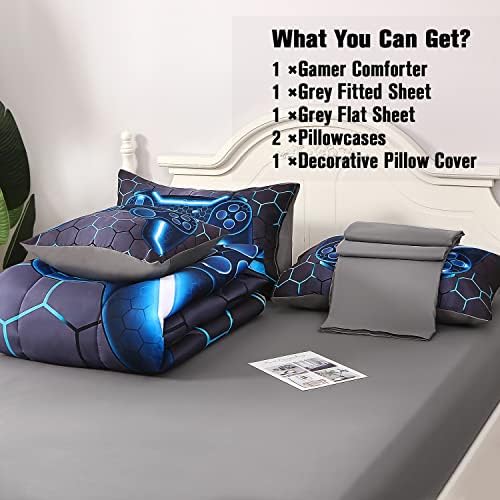 JQinHome Twin Gamer Comforter Set for Boys,6 Piece Bed in A Bag 3D Video Game Bedding -All Season Soft Microfiber Down Alternative Comforter Gamer Bedding Sets for Kids