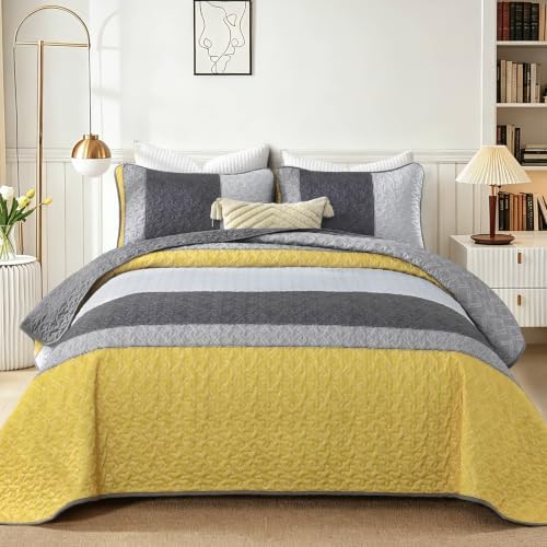 Cottolester Boho King Size Quilt Set,Yellow Grey Striped Bedsperad Coverlet