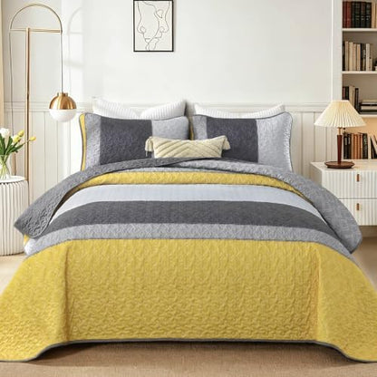 Cottolester Boho King Size Quilt Set,Yellow Grey Striped Bedsperad Coverlet