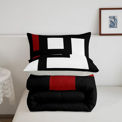 Erosebridal Red Black and White Striped Twin Bedding Sets for Adult Women Men Square Abstract Comforter Set Modern Geometric Stripes Bold Lines Quilt Set Minimalist Plaids Bed Collections