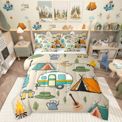 Erosebridal Cartoon Travel RV 7 Pieces Bedding Set King Size,Happy Camping Theme Bed in a Bag,Cartoon Tent Trees Bed Set Includes Comforter,Sheet Set,Pillowcases & Pillow Covers,Camper Bedroom Decor