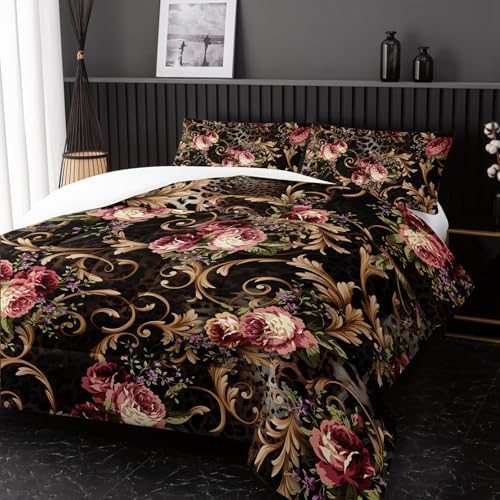 Nttopship Black Boho Floral Comforter Set King Size Flower Bedding Sets 3PCS for Kids Teen Adult Retro Flowers Room Decor Ultra-Soft Lightweight Microfiber 1 Comforter with 2 Pillowcases