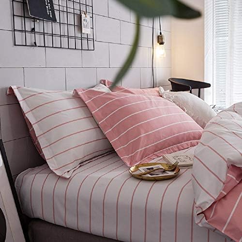 Pink Comforter Cover King Size Girls White Stripe Decor Bedding Set, Simple Fashion Style Duvet Cover, Soft Microfiber Reversible Bedspread, 3 Pieces Kids Boys Women Modern Quilt Cover, No Comforter