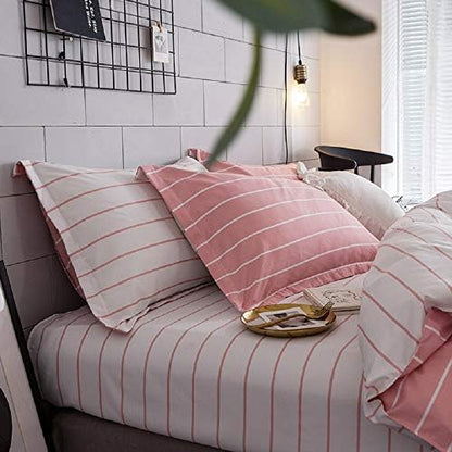 Pink Comforter Cover King Size Girls White Stripe Decor Bedding Set, Simple Fashion Style Duvet Cover, Soft Microfiber Reversible Bedspread, 3 Pieces Kids Boys Women Modern Quilt Cover, No Comforter