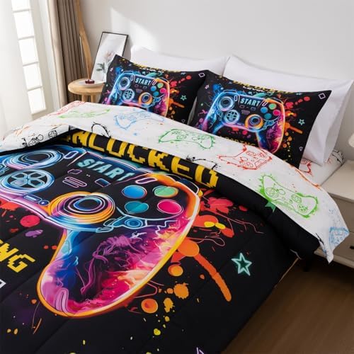 Full Size Bedding Set for Boys, Kids Teens Gamer Comforter Set 5 Pieces