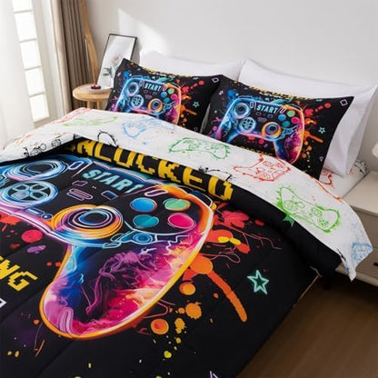 Full Size Bedding Set for Boys, Kids Teens Gamer Comforter Set 5 Pieces