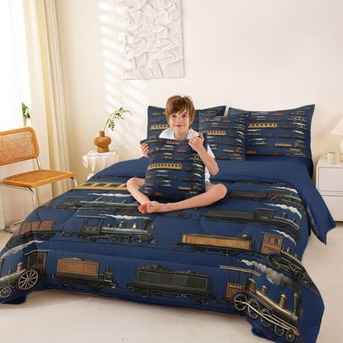 Erosebridal 7 Pcs Navy Steam Train Comforter Set for Boys Kids Travel Locomotive Train Twin Bedding Set with Sheets for Teens Men Vintage Transport Vehicle Bed in A Bag Steampunk Railway Bed Sets