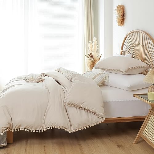 YIRDDEO King Size Comforter Set, Beige Ball Pom Fringe Bedding Set 3 Pieces