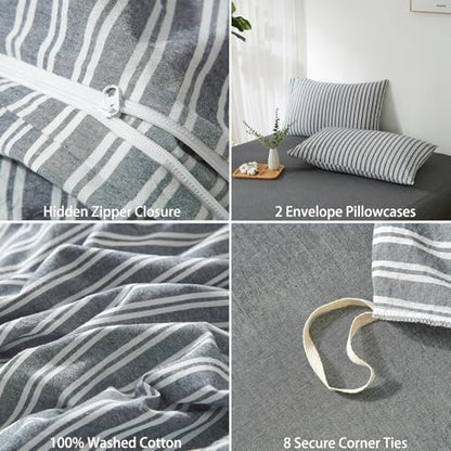 Striped Duvet Cover Set 100% Washed Cotton Linen Feel King