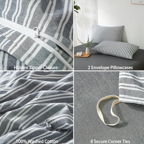 Striped Duvet Cover Set 100% Washed Cotton Linen Feel Full